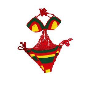 One piece women’s knitted, red green, and yellow swimsuit L